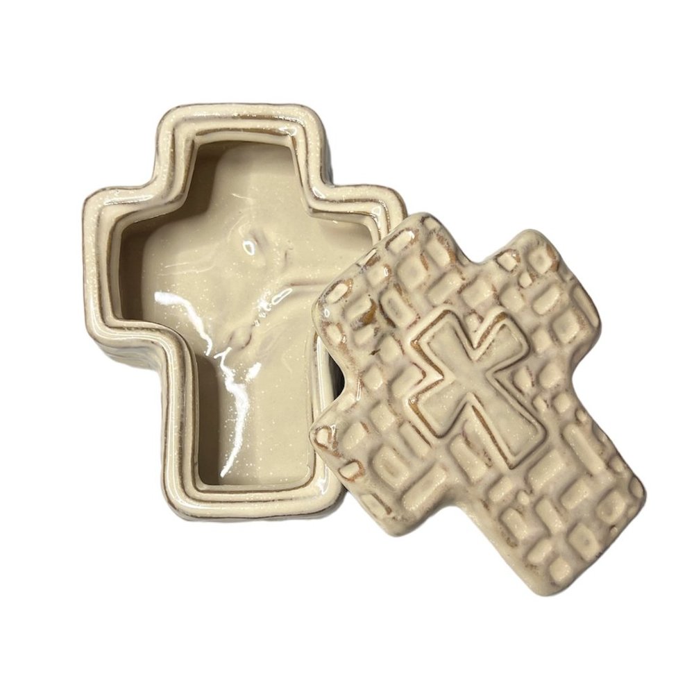 Cross Trinket Box with Lid 5.5" x 4.5" x 1.75" Religious Christian Gift Taupe